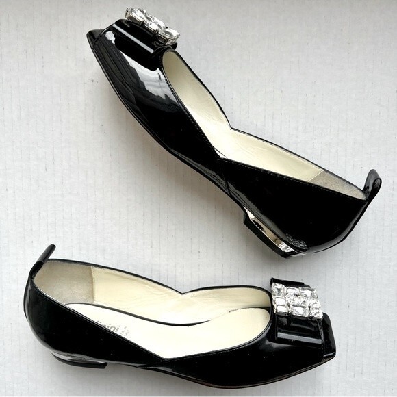 Baldinini Trend Black Patent Leather Jeweled Flats w/ Peep Toe Women EU 35 US 5 - Picture 15 of 15